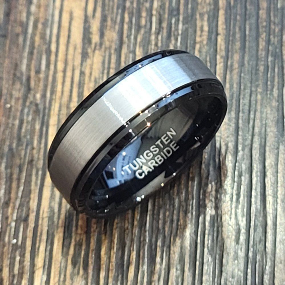 New Real Men's Tungsten Ring Brushed Steel and Black Wedding Ring Size 9-13